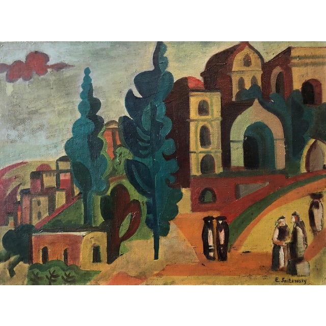 1980s Emmanuel Snitkovsky, Outside the Synagogue Russian Judaica Oil Painting, c.1980s For Sale - Image 5 of 6