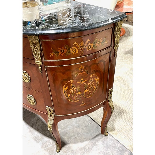 Early 20th Century Louis XV Style Demi Lune Marquetry Commode With Marble Top For Sale - Image 4 of 12