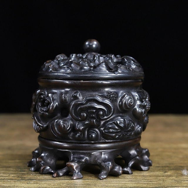 Ebony Vintage Chinese Ebony Wood Incense Burner | Carved Ruyi Lingzhi Censer With Stand For Sale - Image 8 of 9