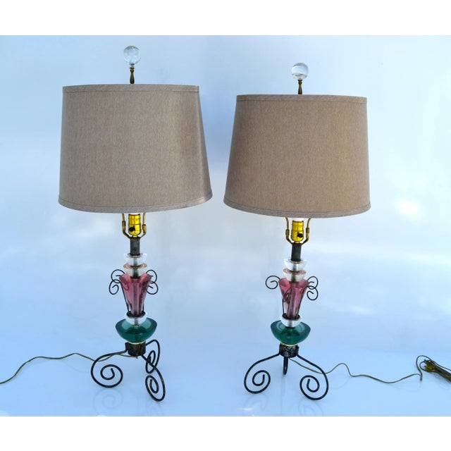 Mid-Century Modern Set, Van Teal Green & Pink Lucite Table Lamps Gold Shades Mid-Century Modern 70 For Sale - Image 3 of 13