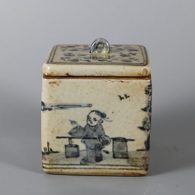 Vintage Chinese Blue and White Square Porcelain Lidded Box, Hand Painted Scholar Scene Storage Jar For Sale - Image 4 of 7