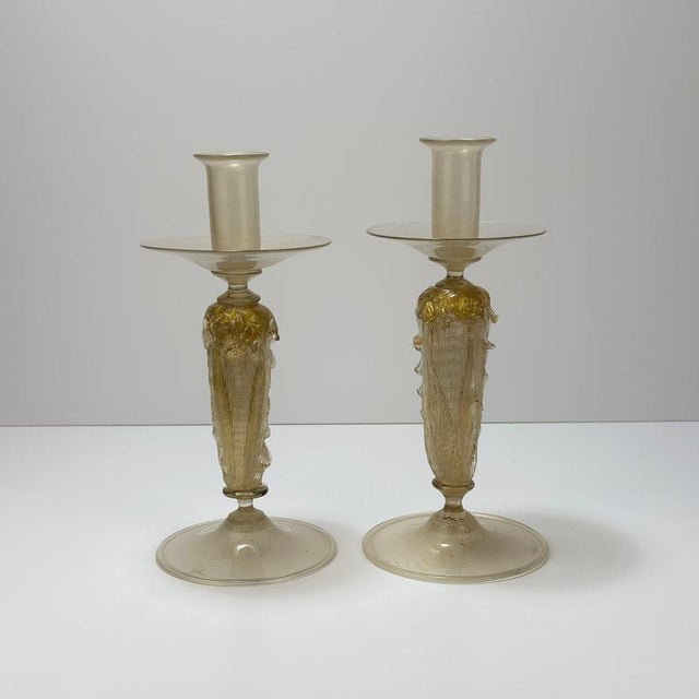 Gold Opaline and Gold Polveri Murano Glass Candlesticks from Gabbiani, Italy, 1980s, Set of 2 For Sale - Image 8 of 10