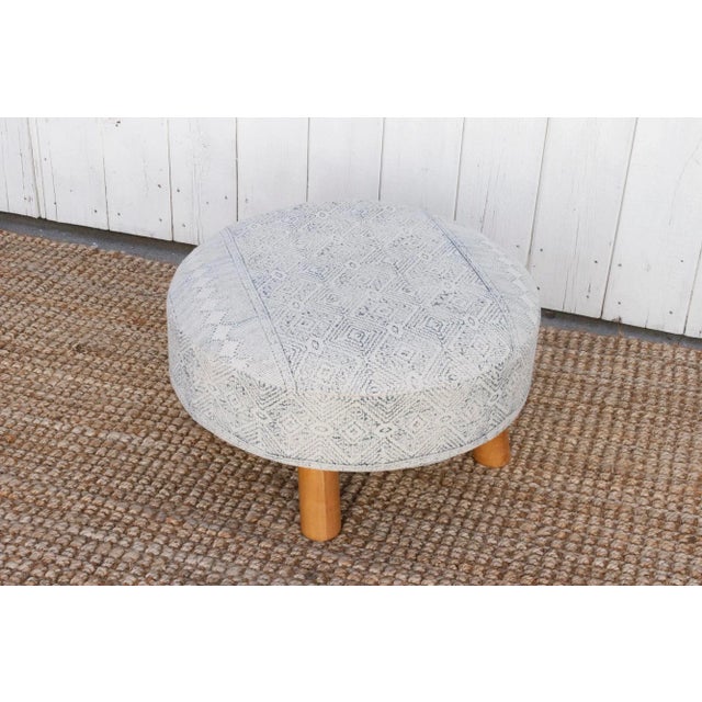 Tribal White & Blue Tribal Dhurrie Ottoman Stool For Sale - Image 3 of 7