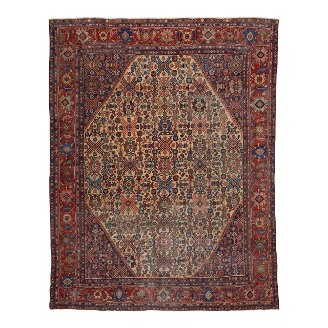 Vintage Bidjar Rug – 100% Wool Hand-Woven Persian Area Rug, Ivory Medallion For Sale