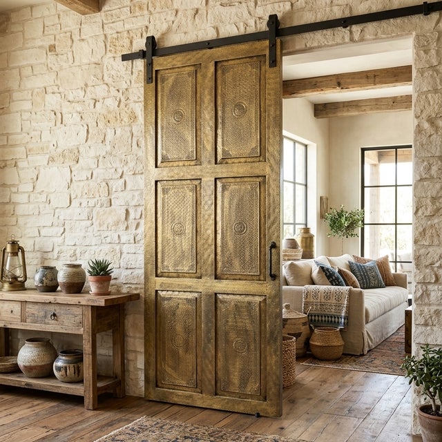 1920s Vintage Brass Cladded Carved Barn Door | Statement Library & Interior Door 96x36 For Sale - Image 5 of 5