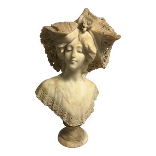 Antique Victorian Marble and Alabaster Carved Bust of a Victorian Beauty - 2 Pieces For Sale
