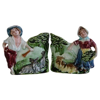 Shepherd and Shepherdess Majolica Flower Vases from HK, 1890s, Set of 2 For Sale