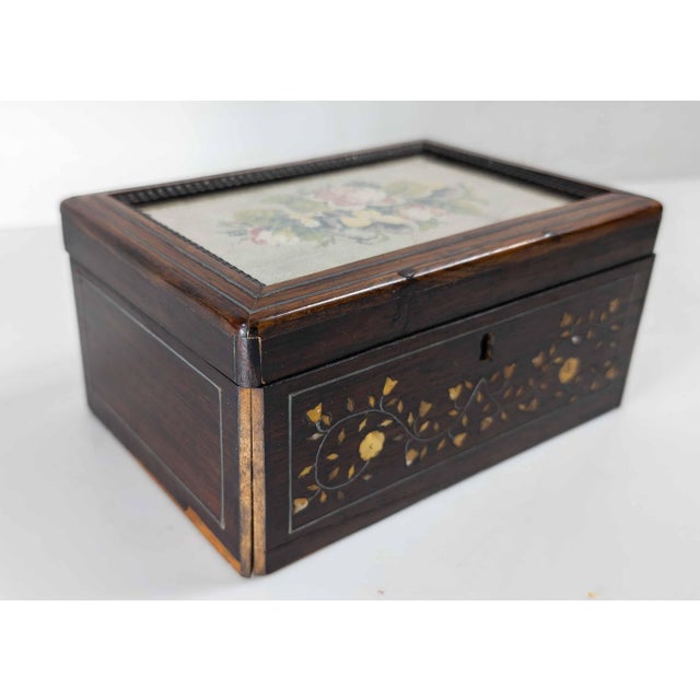 French 19th Century Continental European Rosewood Veneer Box With Needlepoint, French or German For Sale - Image 3 of 15
