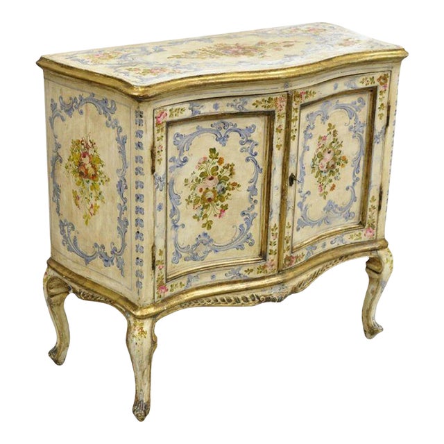 19th C. Italian Venetian Hand Painted Demilune Buffet Cabinet With 3 Drawers For Sale