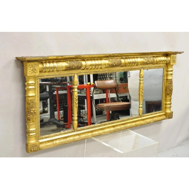 Antique American Federal Gold Giltwood Overmantle 66" Triple Mirror For Sale - Image 12 of 12