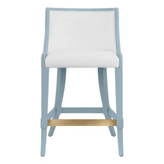 Matthew Izzo Home Keaton Matte Light Blue Lacquer Klismos Leg Counter Stool With White Performance Linen and Brass Foot Rail For Sale