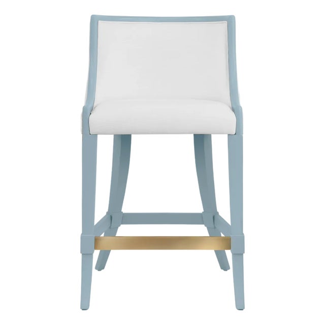 Matthew Izzo Home Keaton Matte Light Blue Lacquer Klismos Leg Counter Stool With White Performance Linen and Brass Foot Rail For Sale