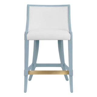 Matthew Izzo Home Matte Light Blue Lacquer Klismos Leg Counter Stool With White Performance Linen and Brass Foot Rail For Sale