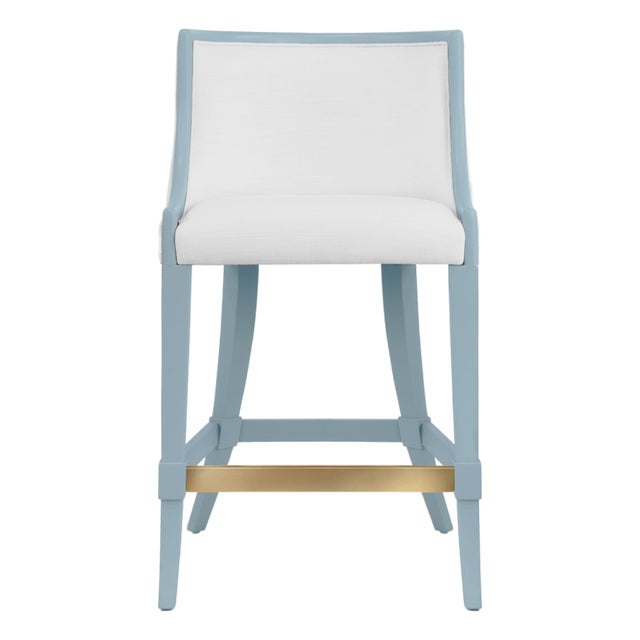 Matthew Izzo Home Matte Light Blue Lacquer Klismos Leg Counter Stool With White Performance Linen and Brass Foot Rail For Sale