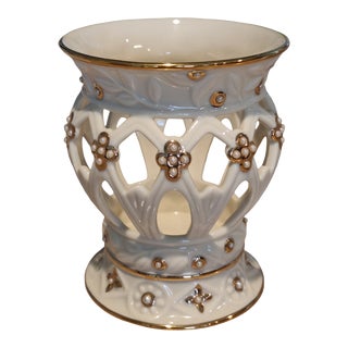 Circa 2000s Lenox Illuminations Collection Florentine & Pearl 24k Gold Trim Votive Candleholder For Sale