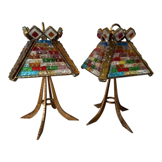 Pair of Hammered Glass Gilt Wrought Iron Lamps by Longobard, Italy, 1970s For Sale