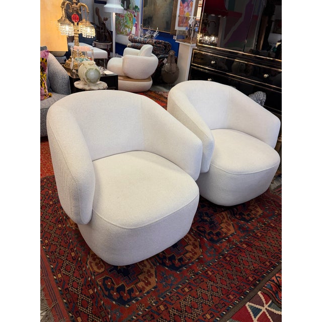 Cream Color Channeled Swivel Arm Chairs With Wrapped Gold Tone Bases a Pair For Sale - Image 9 of 9