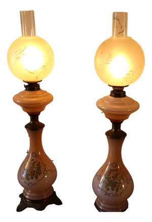 Antique Oil Lamps in Decorated Glass, 1890s, Set of 2