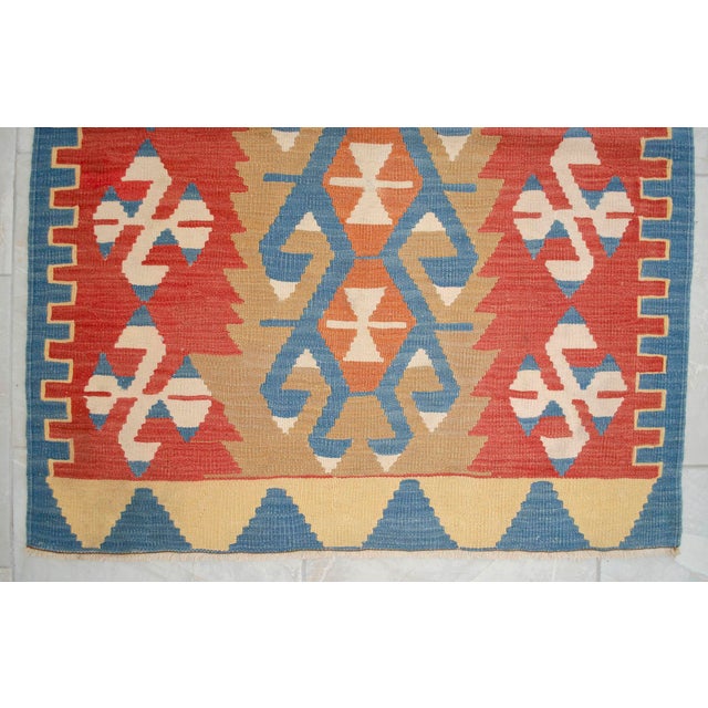 Terra Cotta Flat Weave Kilim Rug, Vintage Oushak Rug Village Wool, Red Gold Blue Geometric, 3x4 Ft Approx For Sale - Image 8 of 16