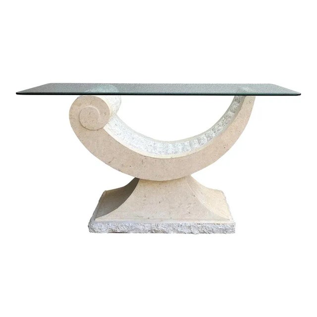 Beige Late 20th Century Tessellated Stone Organic Shape Base Rectangular Sofa Console Table Art Deco For Sale - Image 8 of 8