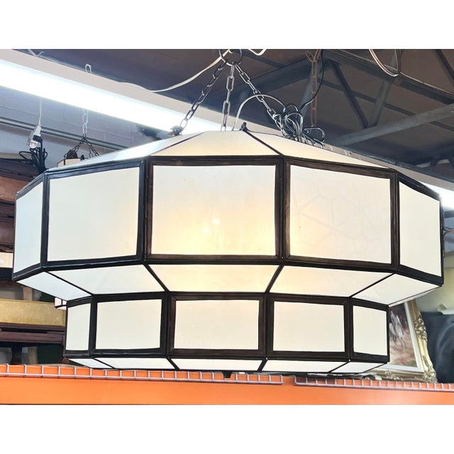 Art Deco Style Large Circular White Milk Glass & Bronze Pendant, Chandelier For Sale - Image 15 of 15