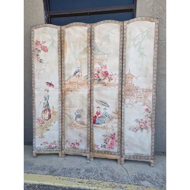 1970s Vintage Four Panel French Chinoiserie Fabric Screen For Sale - Image 5 of 15