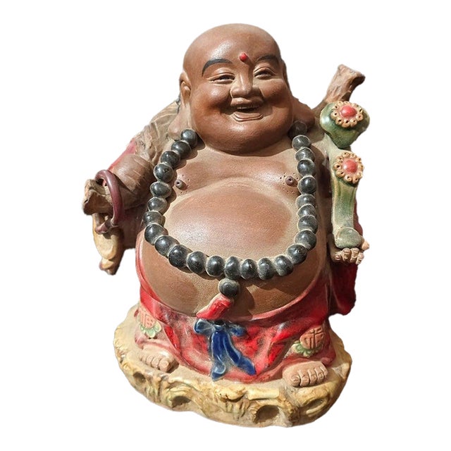 Vintage Shiwan Ware Laughing Buddha Statue | Handmade Ceramic Maitreya Figurine | 9.4" Tall For Sale