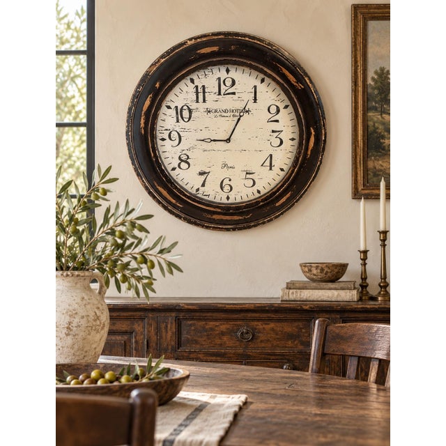 Late 20th Century Oversized Distressed Black-Brown French Hotel-Style Wall Clock For Sale In Los Angeles - Image 6 of 6