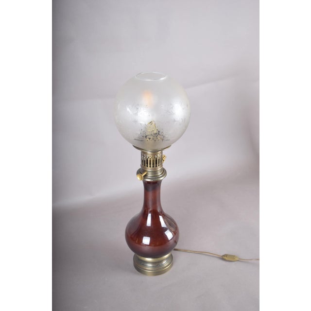 Amber-Brown Glass and Brass Table Lamp with Etched Glass Globe, 1950s For Sale - Image 13 of 18