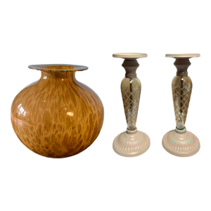Murano Art Glass Amber Vase and Candle Holder Set of 3