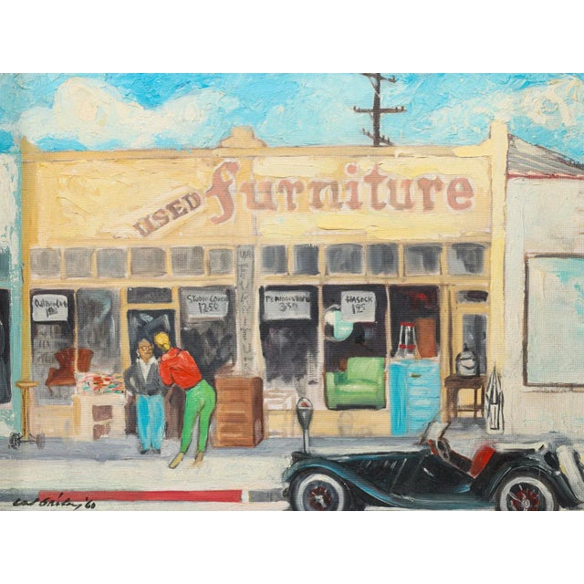 1960s Mid Century 1960 Oil on Board Painting Framed Used Furniture Vintage Car Realism Signed For Sale - Image 5 of 5