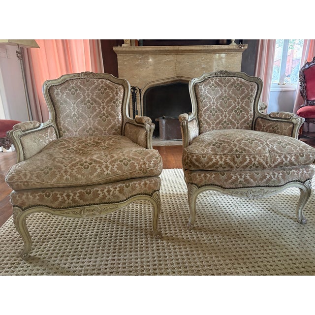 Textile Louis XVI Style Distressed Cream Painted Bergere Chairs - A Pair For Sale - Image 7 of 12
