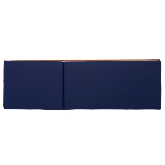 Wood Sophie Chaise Lounge, Natural/Navy Cushion White Piping For Sale - Image 7 of 11