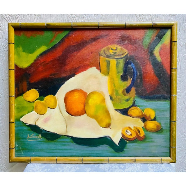 1960s Mid Century Colorful Fauvist Abstract Still Life Oil Painting by Strassel in Bamboo Frame For Sale - Image 10 of 10