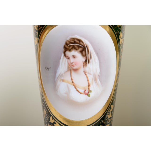 Bohemian Green Glass With Painted Decoration Vases-a Pair For Sale - Image 4 of 5