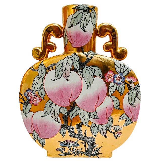 Mid 20th Century Chinese Gold Mirrored Moon Flask Vase With Pink Peaches For Sale - Image 9 of 9