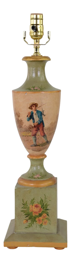 Vintage British Wooden Trophy Hand-Painted Farmer Pattern Table Lamp