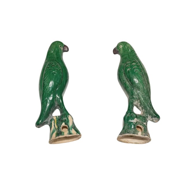 Chinese Pair of Antique Green Glazed Sancai Chinese Parrots For Sale - Image 3 of 6
