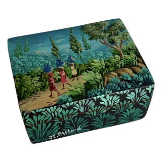 Vintage Small Hand-Painted Caribbean Folk Art Jewelry Box, Signed – Solid Wood, Lift-Off Lid For Sale
