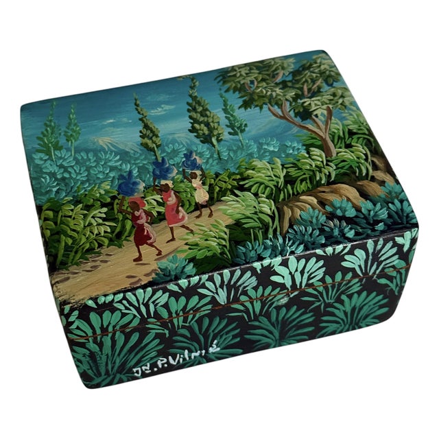 Vintage Small Hand-Painted Caribbean Folk Art Jewelry Box, Signed – Solid Wood, Lift-Off Lid For Sale