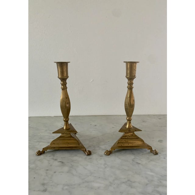 Mid 20th Century Pair of Neoclassical Brass Paw Foot Candlesticks For Sale - Image 5 of 10