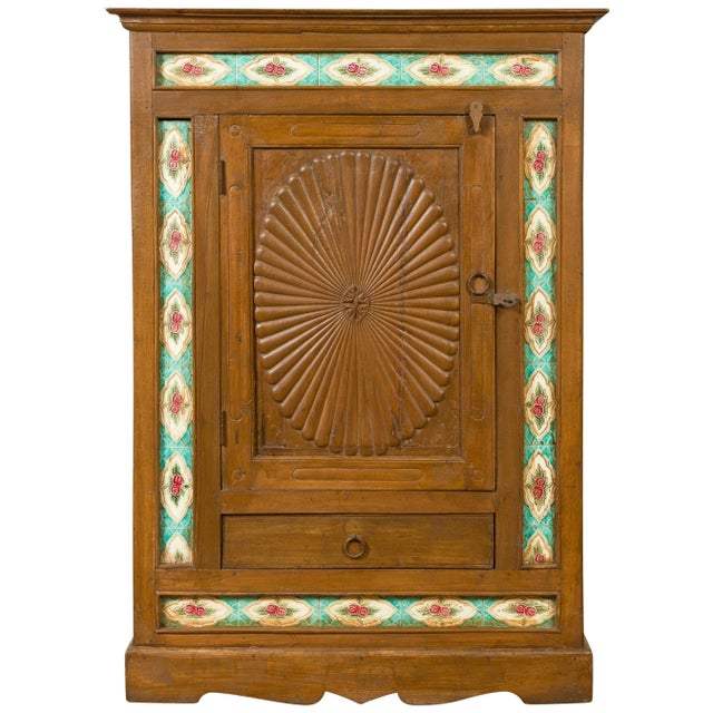 Indian Small Cabinet with Sunburst Design and Hand Painted Tiles with Rose Motif For Sale - Image 13 of 13