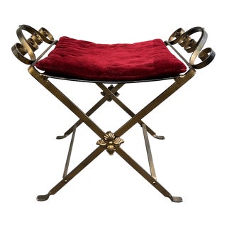 Vintage X Base Metal Bench Seat With Velvet Cushion For Sale