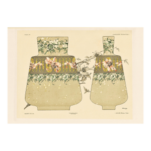 C1900 French Art Nouveau Lithograph Ceramic Urns With Flowers by Habert Dys