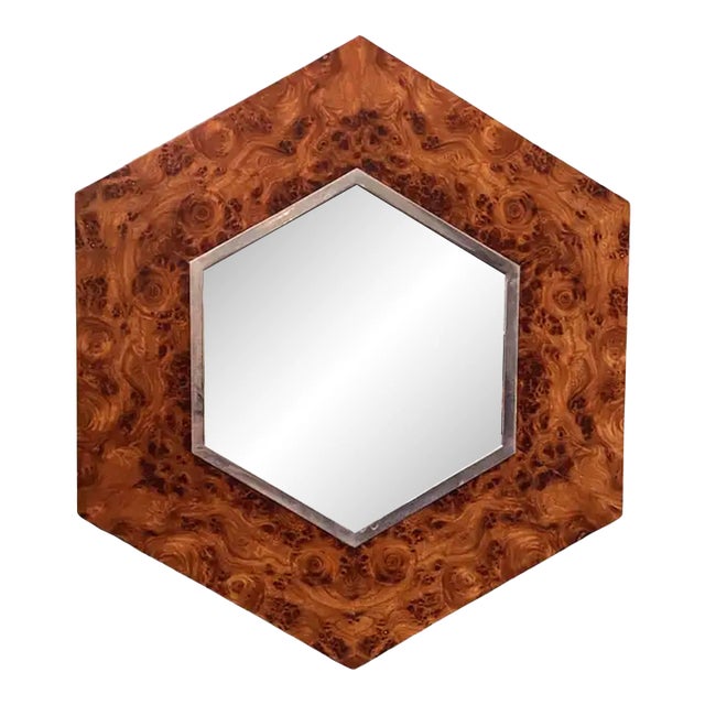 French Modern Mirror of Burled Elm and Chrome (H 27 3/4 X W 24) For Sale
