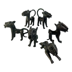 Mid 20th Century African Benin Bronze Leopard Collection, Nigeria, 5.25" H - 6 Pieces