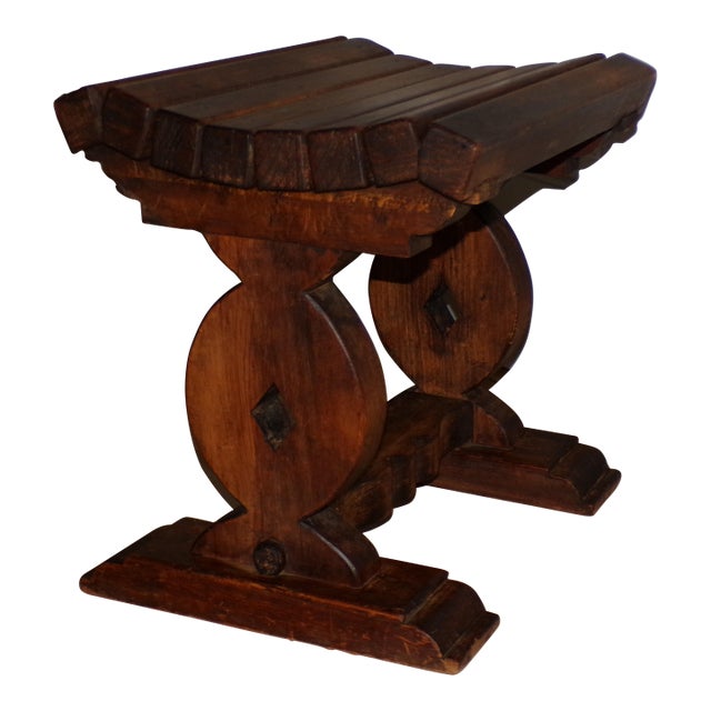 Vintage Slat Bench Solid Wood Trestle Stool Vanity Chair Rustic Cabin Decor For Sale