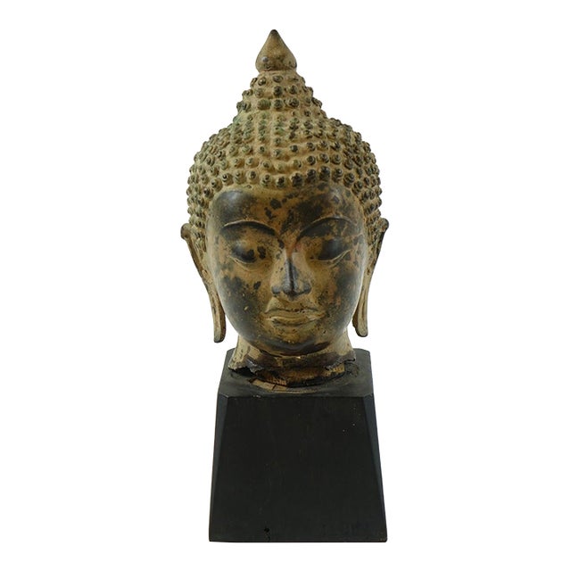 Antique Bronze Buddha Head on Wood Stand – 5" X 5" X 13" (With Base) For Sale