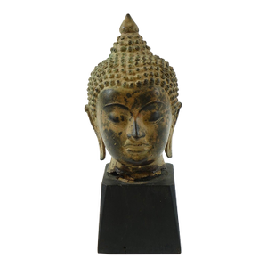 Antique Bronze Buddha Head on Wood Stand – 5" X 5" X 13" (With Base)