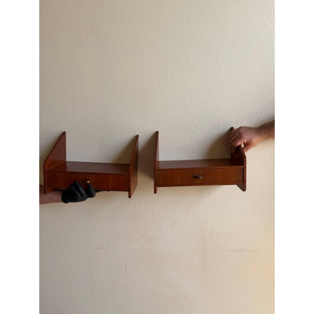 Pair of Danish Teak Floating Nightstands — Mid-Century Modern Wall-Mounted Bedside Tables, 1960s For Sale - Image 4 of 7